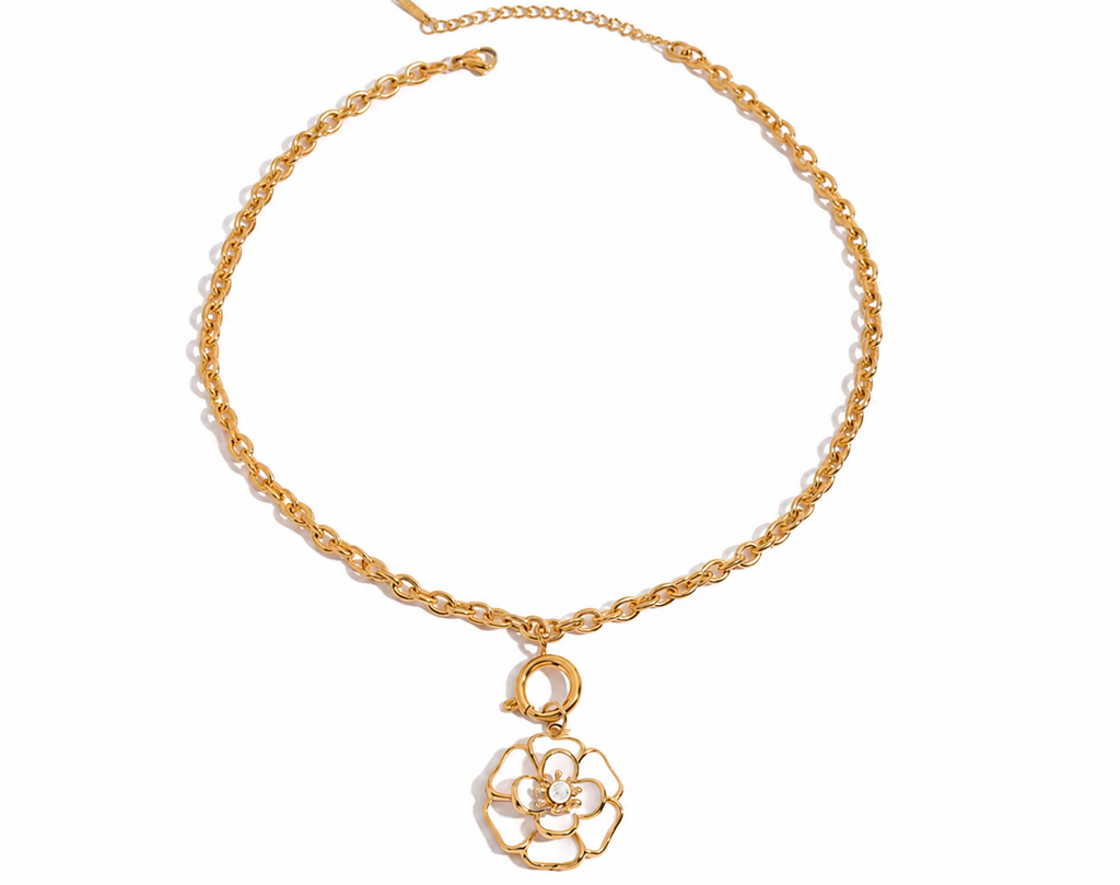 Enamel Flower Pendant Necklace, Gold Plated Stainless Steel, Boho Floral Charm