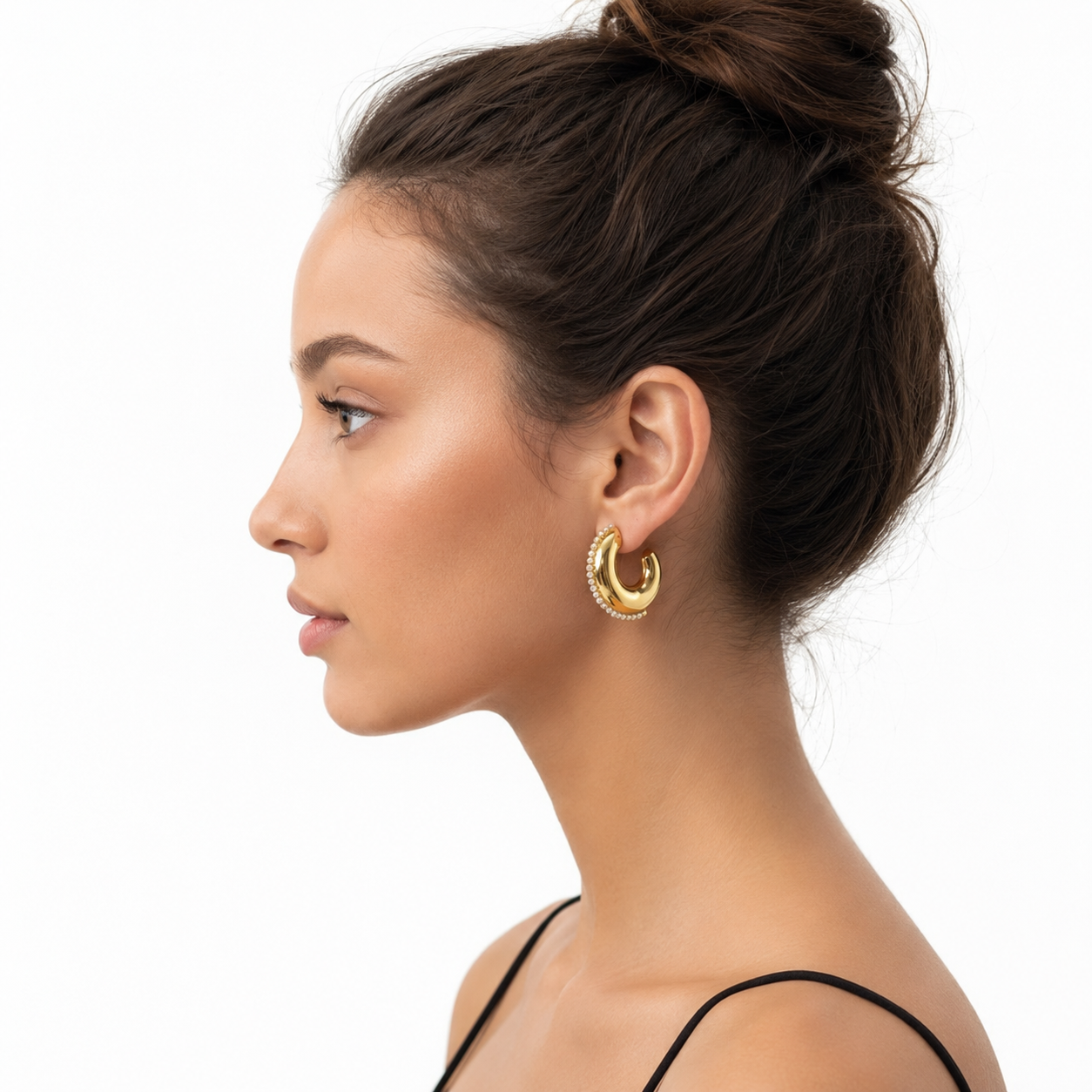 Chunky Gold Hoop Earrings, 18K PVD Plated Stainless Steel, Rhinestone Accent Statement Hoops