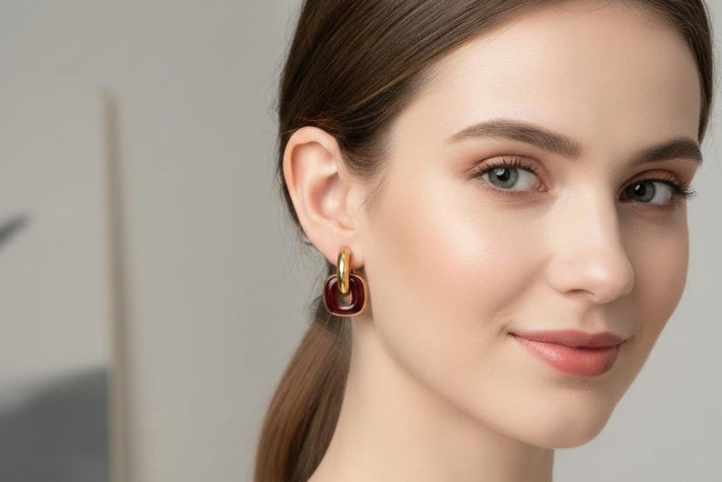 Gold Plated Stainless Steel Double Hoop Earrings with Wine Red Enamel Geometric Link
