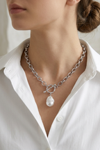 Baroque Pearl Jewelry Set – Silver Stainless Steel Necklace & Bracelet