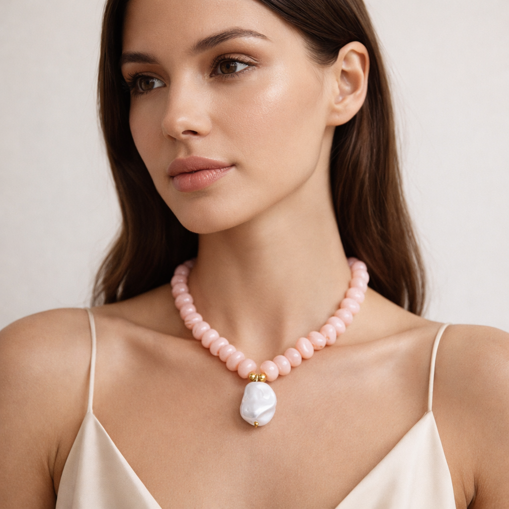 Pink Acrylic Bead Necklace – Pearl Pendant